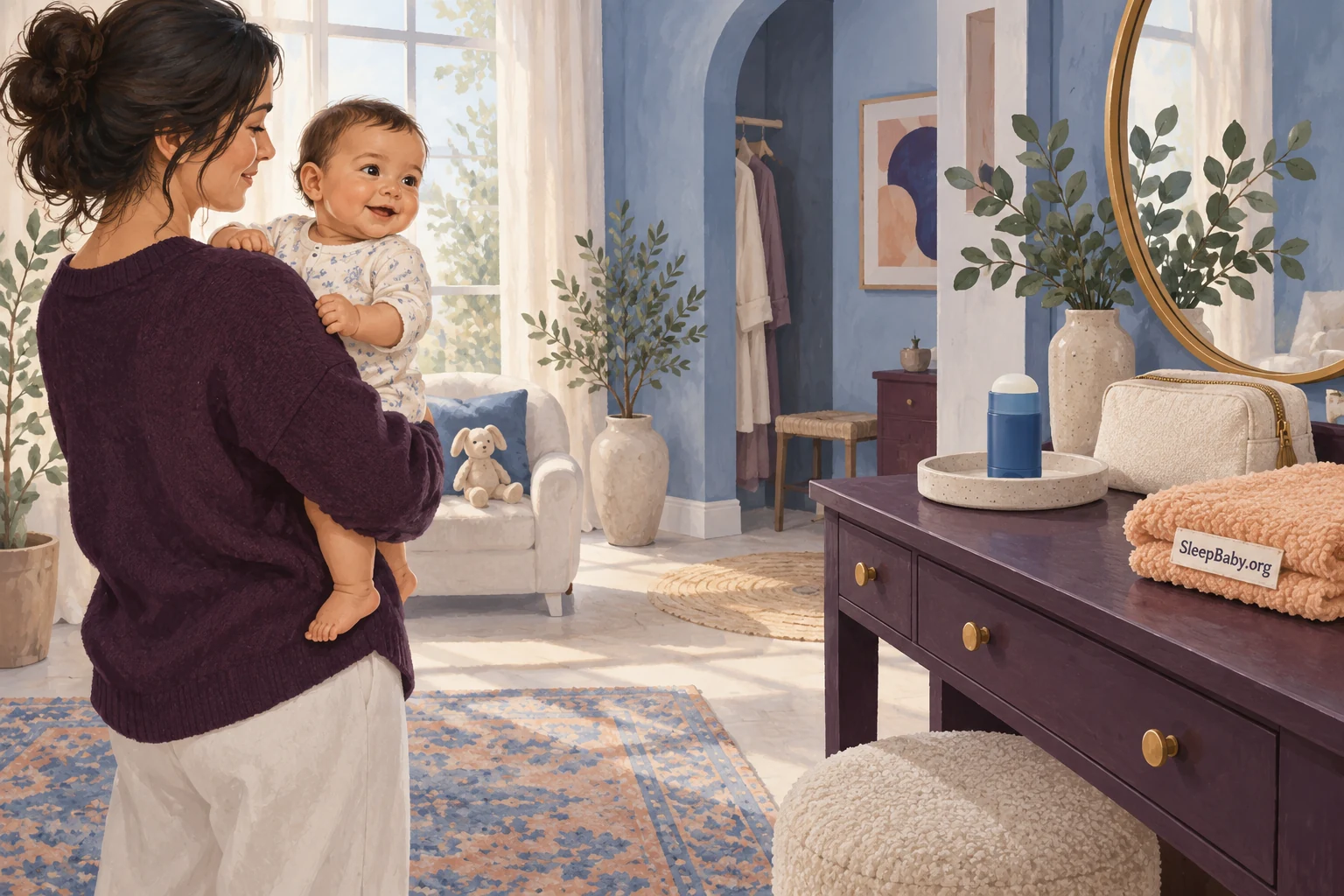 Adult holds an alert baby away from deodorant on a high dressing table.