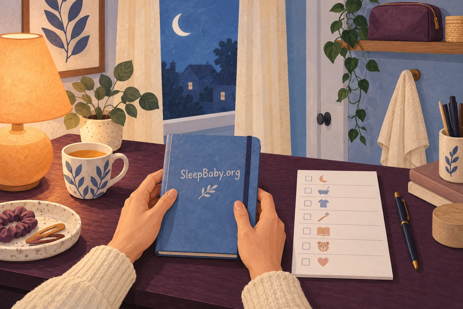 An evening desk with a sleep-planning notebook and blank seven-row tracker.