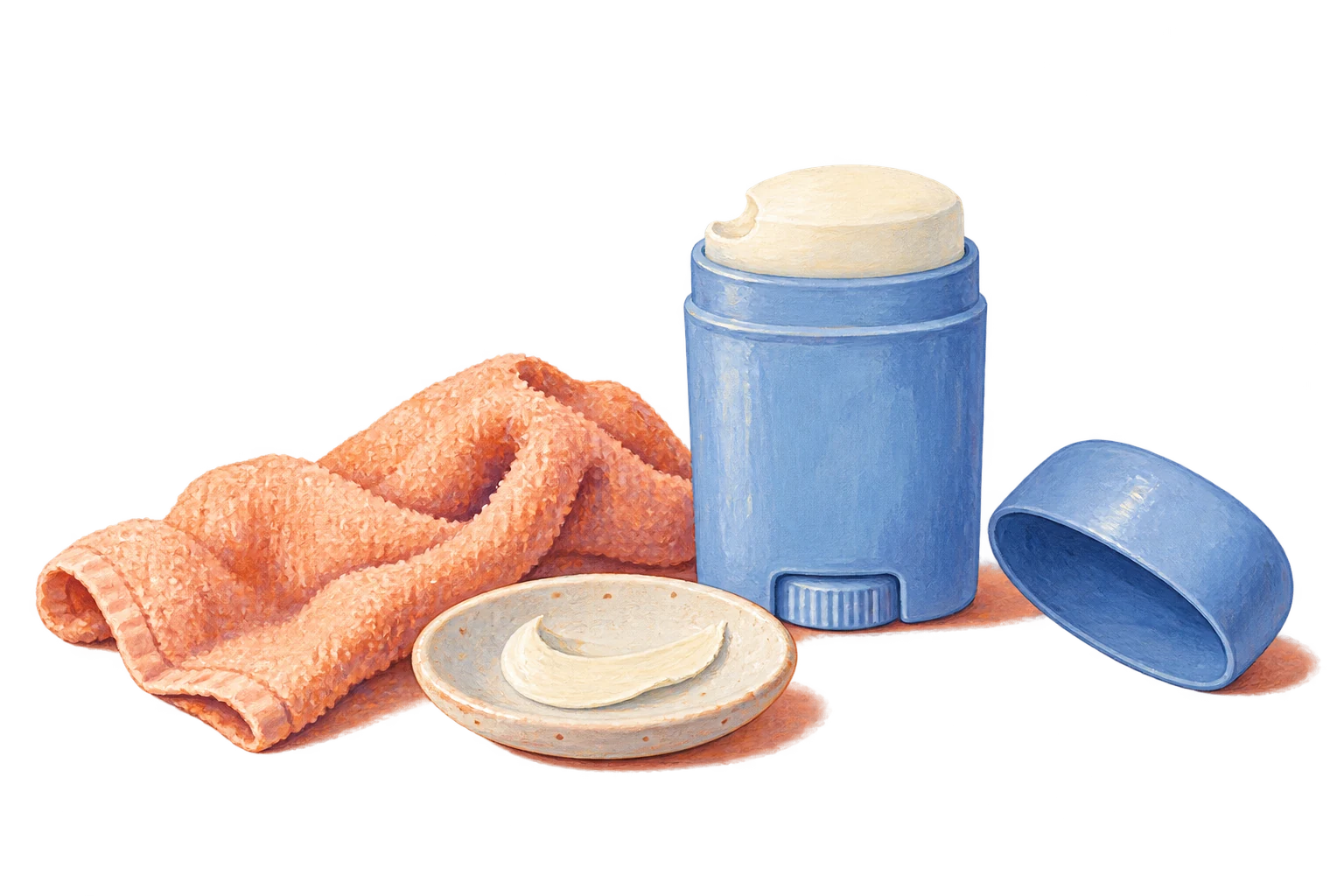 Open deodorant stick, cap, washcloth and small dish introduce the concern.