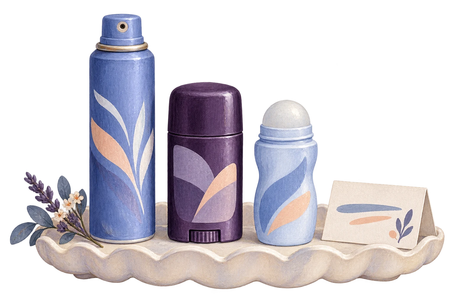 Three deodorant forms on a tray introduce product identification.