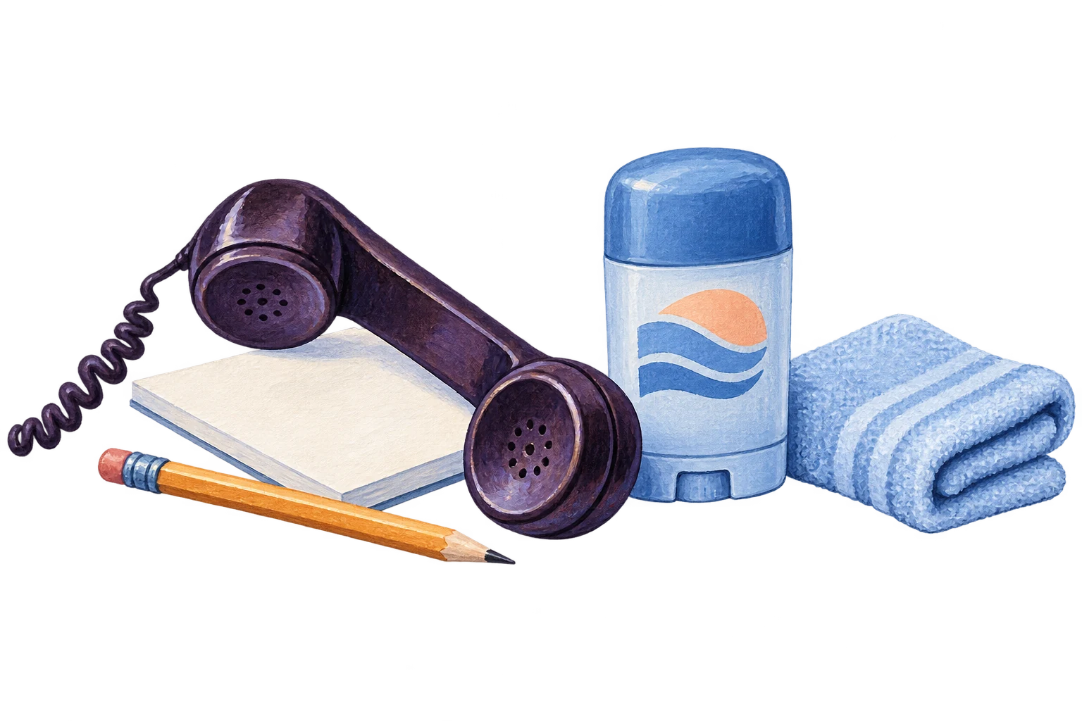 Telephone, note card and capped deodorant introduce asking for advice.