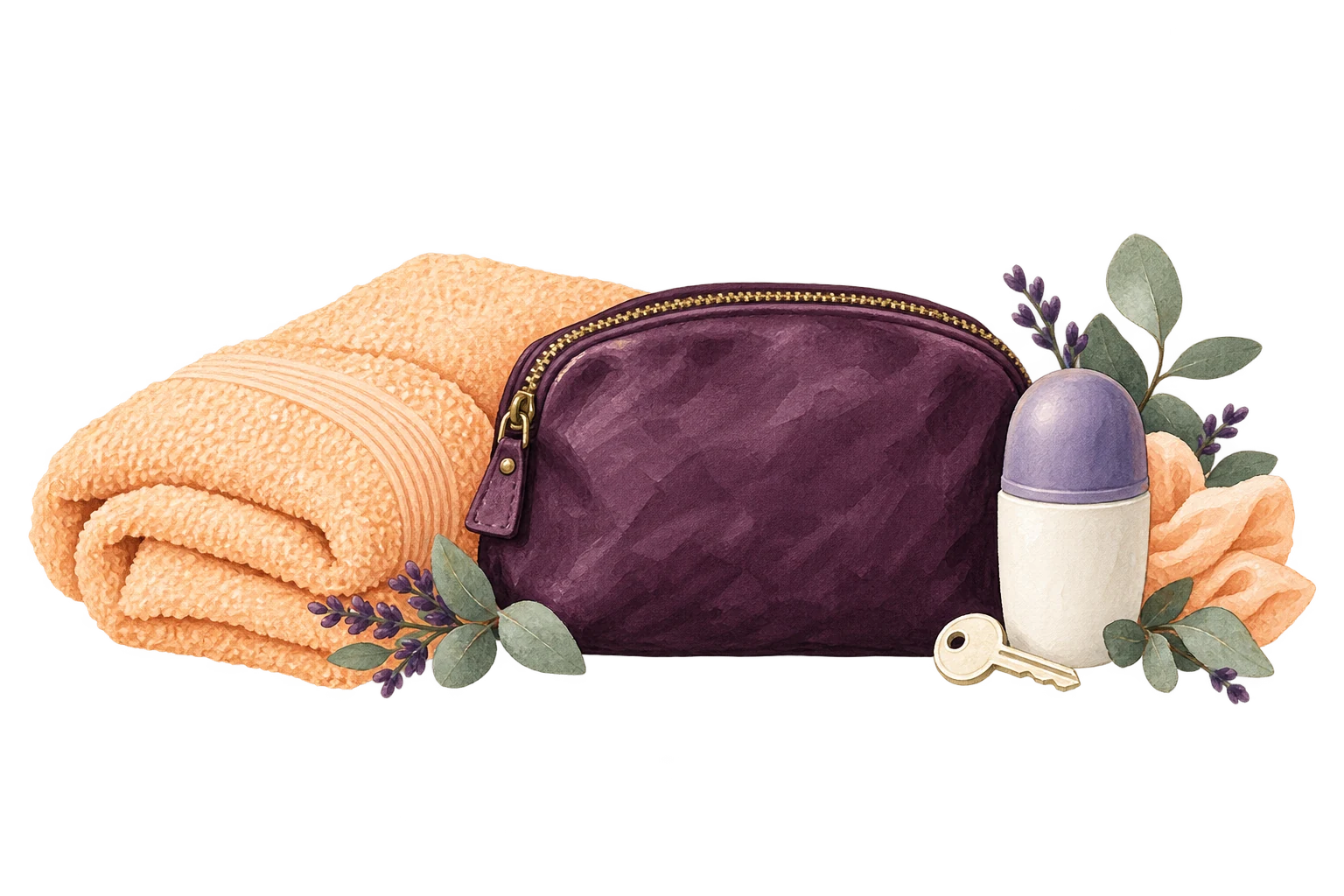 Closed toiletry pouch and folded towel introduce putting products away.