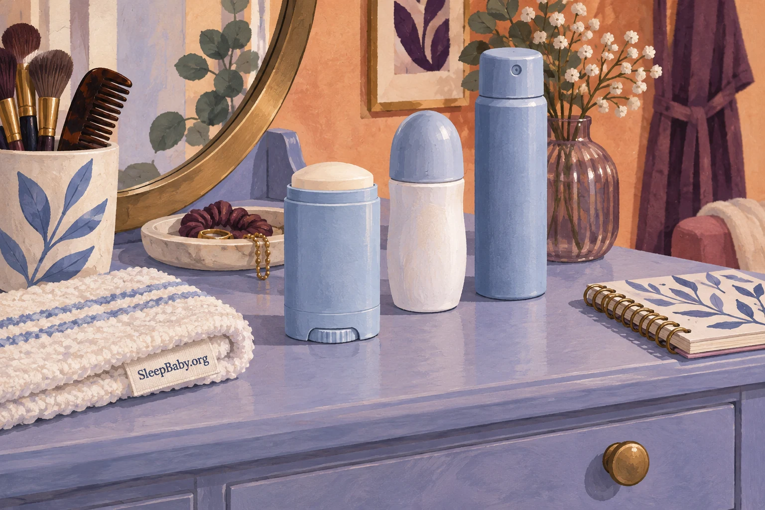 Solid stick, roll-on and aerosol deodorant arranged on an adult vanity.