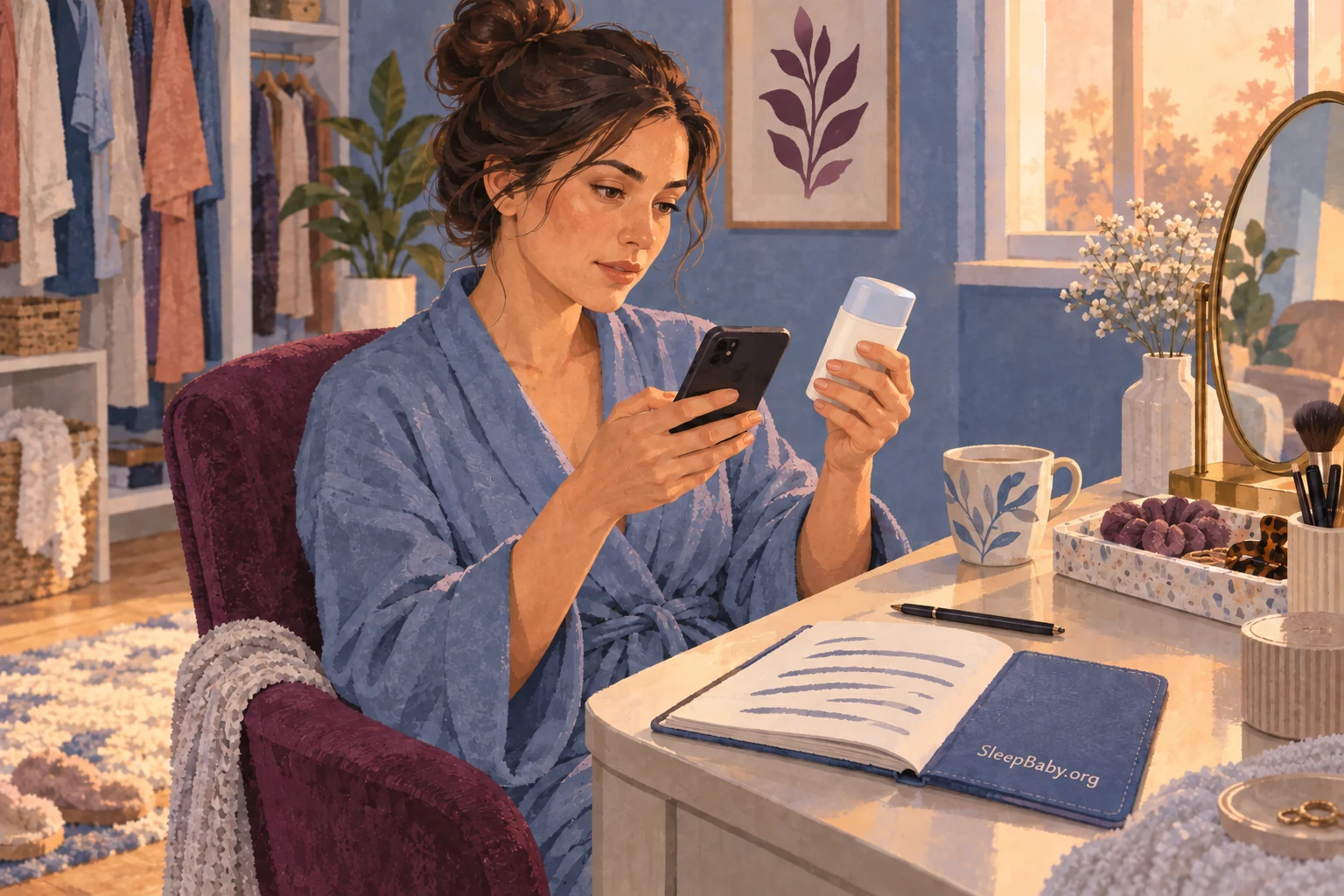 Adult reads a deodorant label while speaking on the phone and taking notes.