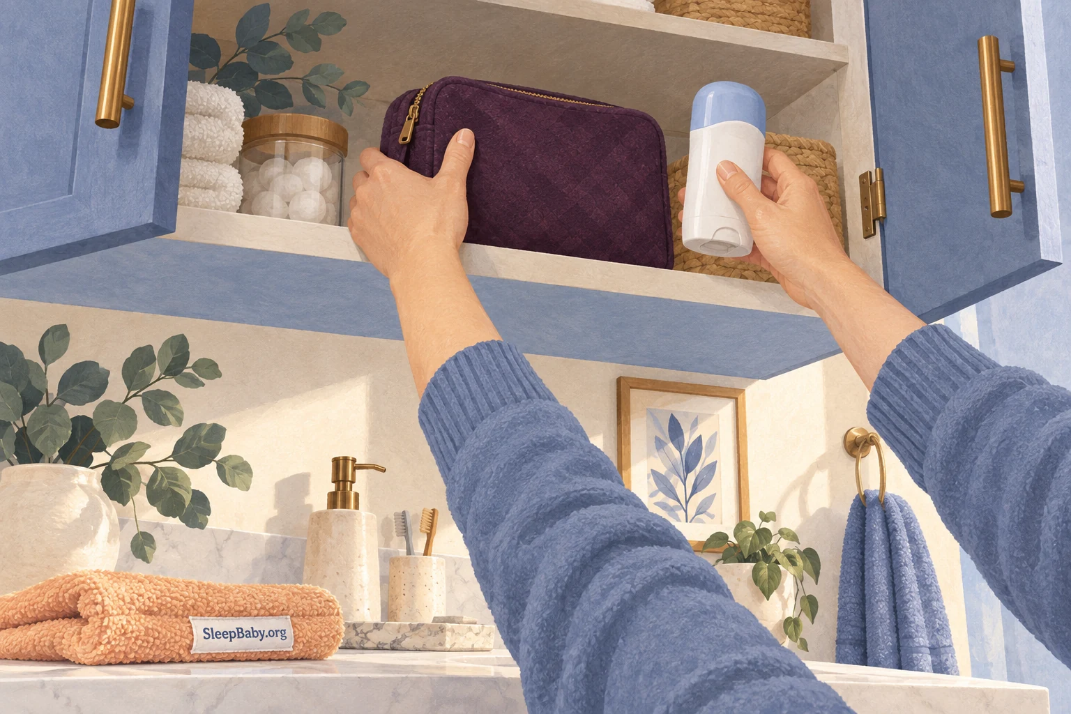 Adult puts capped toiletries into high cabinet storage.