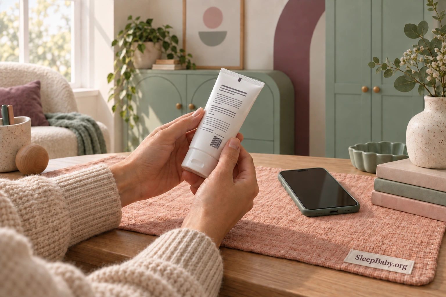 Adult hands reading a generic ointment tube beside a phone on a peach mat.