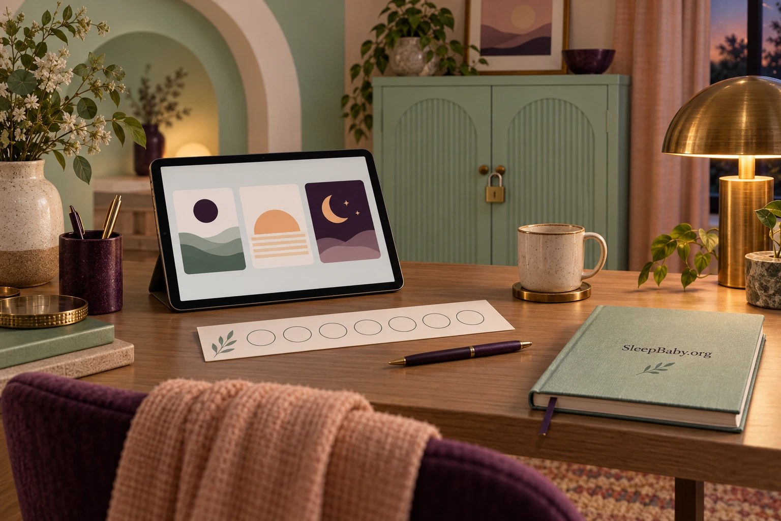 Tablet with abstract choice cards, a seven-circle tracker and a branded notebook.