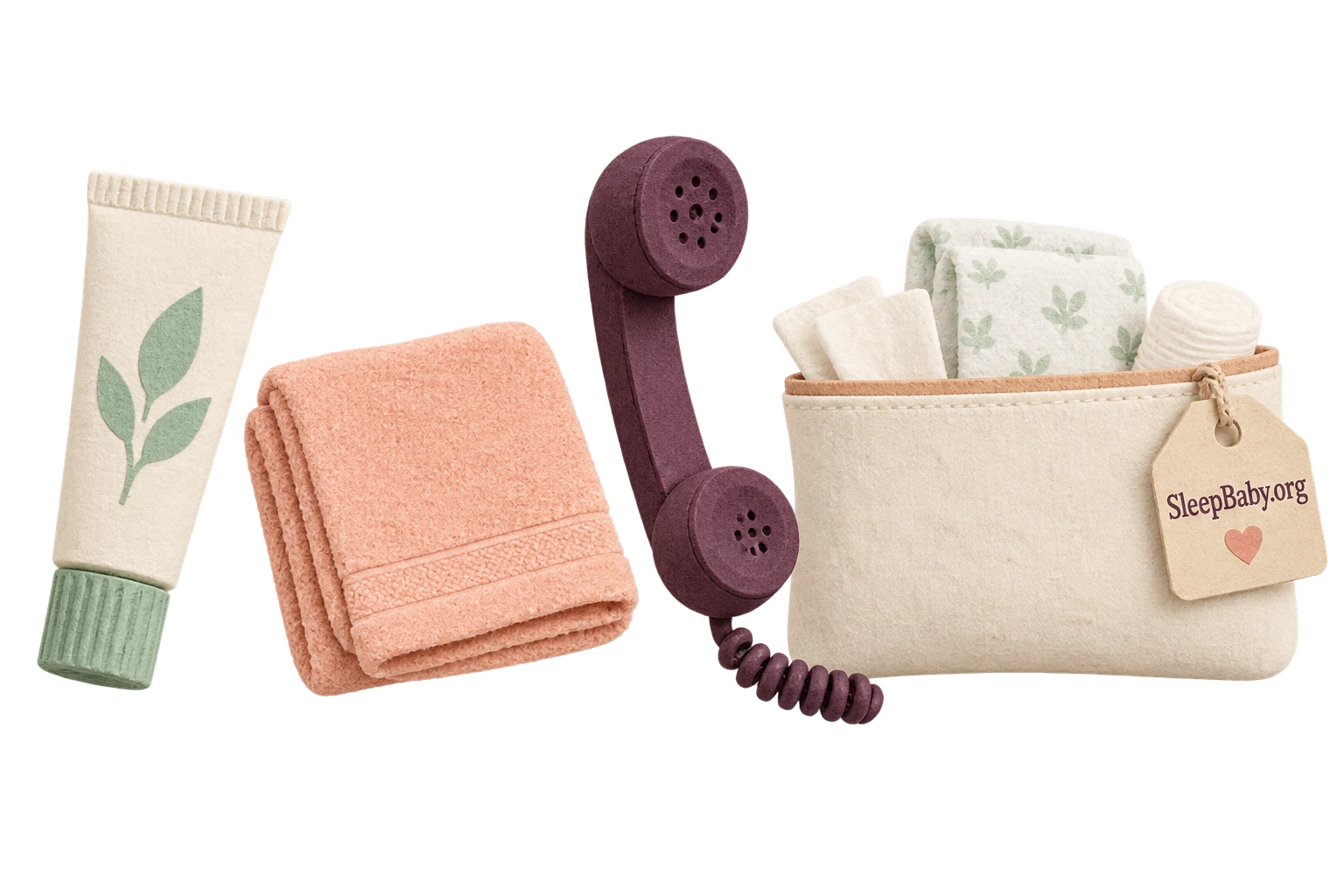 Paper-style closed tube, cloth, phone receiver and changing-supply pouch.