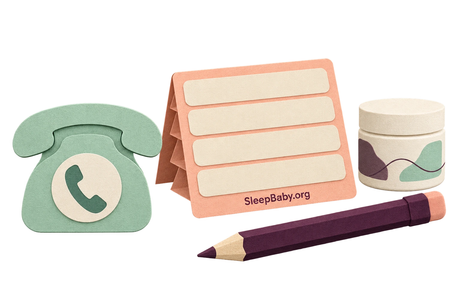 Paper phone, four-line note card, pencil and closed ointment jar.