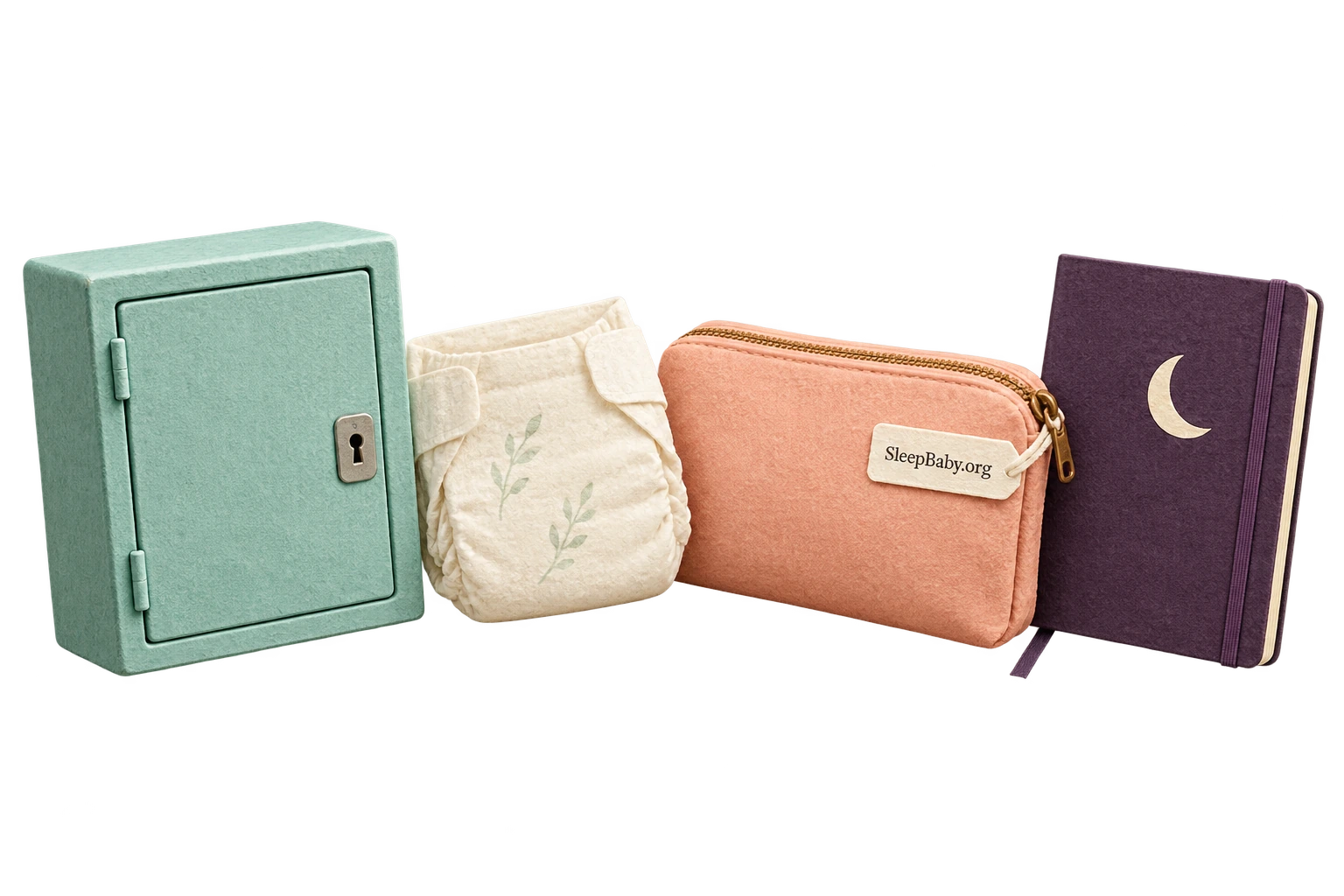 Closed miniature cabinet, folded diaper, zipped pouch and crescent notebook.