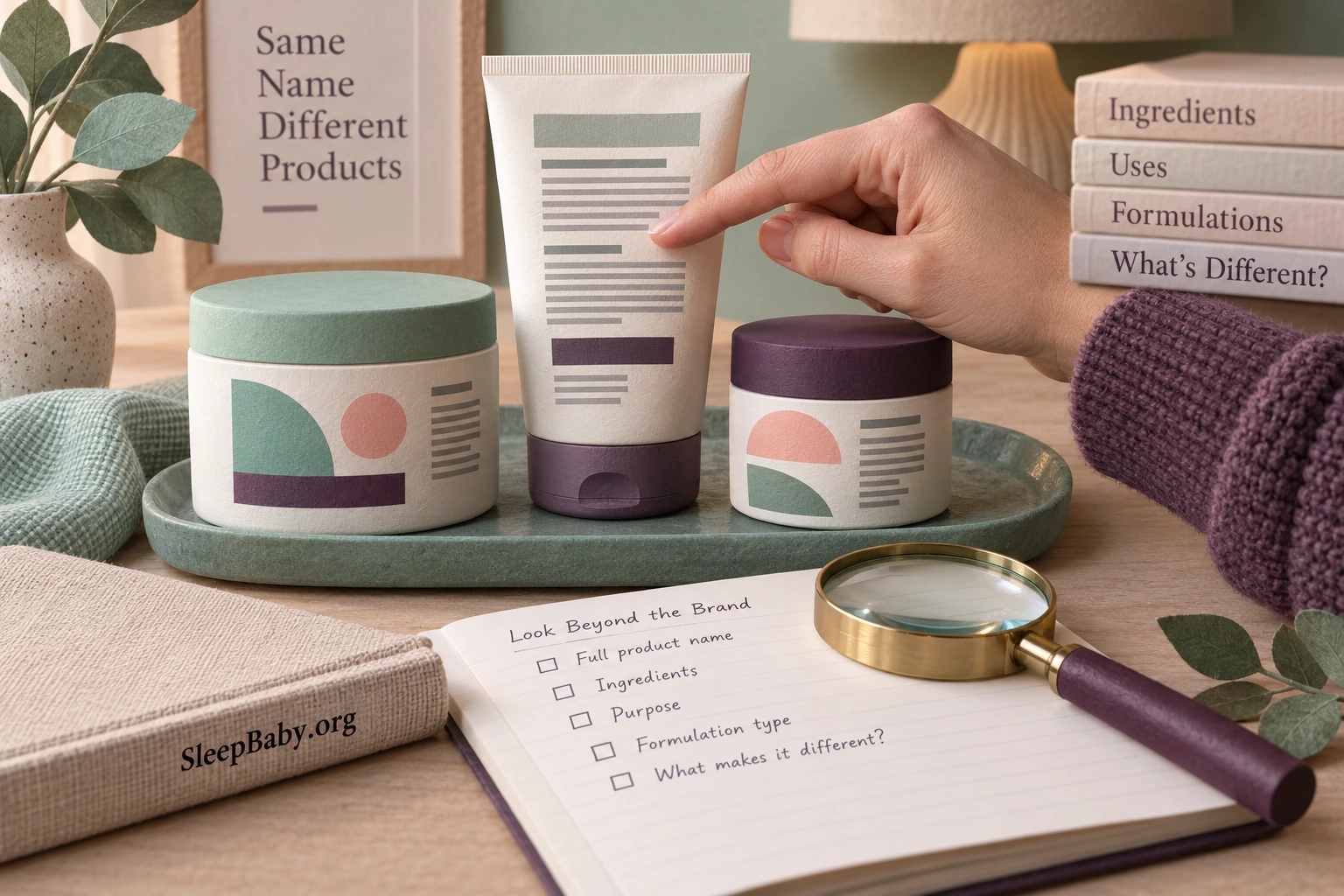 Three generic ointment packages beside an ingredient notebook and magnifying glass.