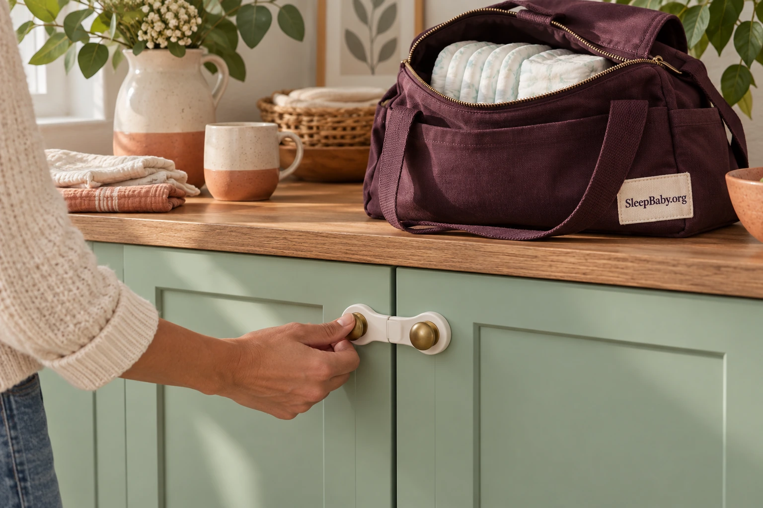 Adult checking a generic cupboard latch beside a bag of clean diapers.