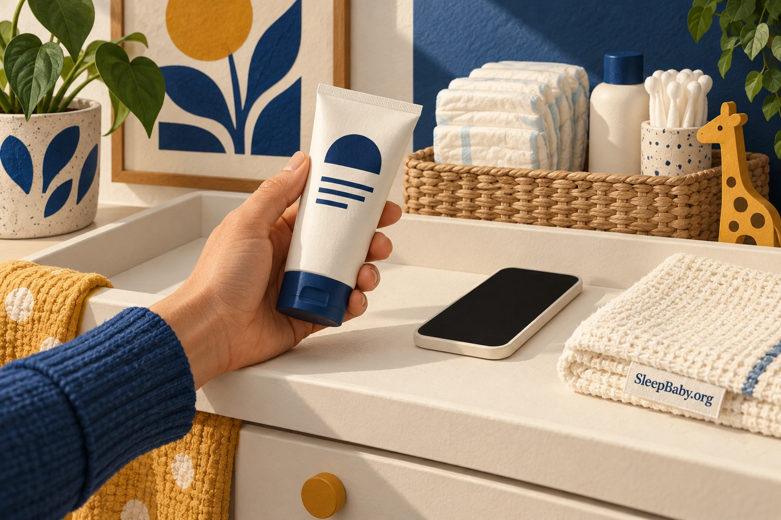 Adult hand holding a closed diaper cream tube beside a phone and a tagged washcloth.