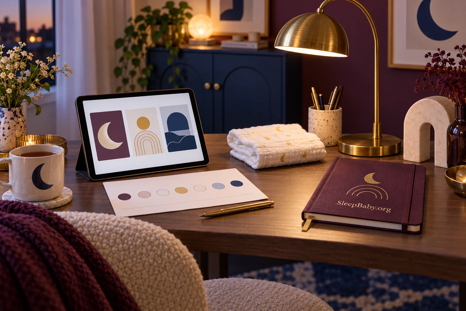 Tablet with three abstract choices beside a seven-circle tracker and branded notebook.