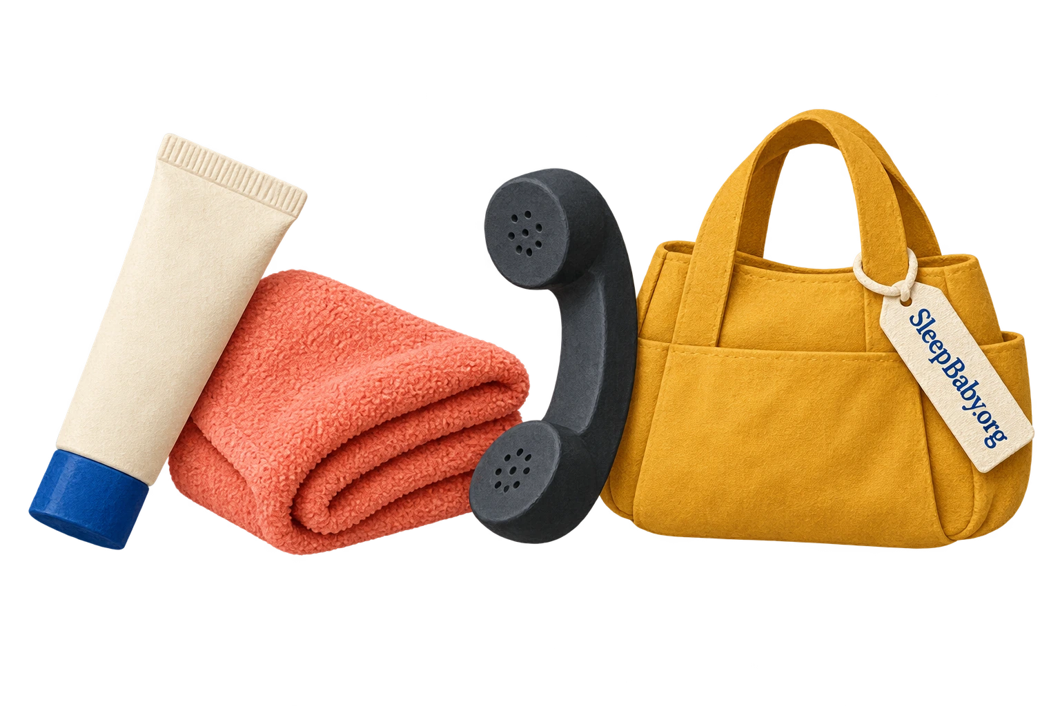 Paper-style ointment tube, washcloth, phone handset and tagged diaper bag.
