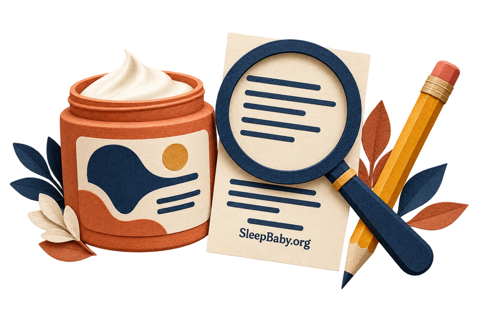 Paper-style cream jar, magnifying glass, ingredient card and pencil.