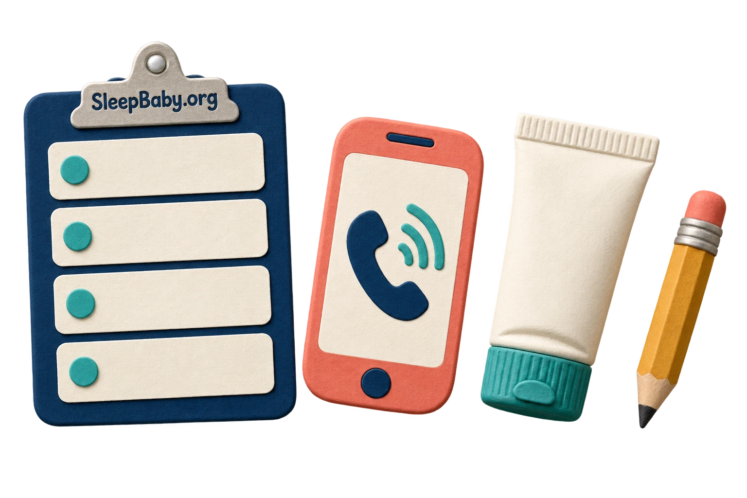 Paper-style clipboard, phone, closed ointment tube and pencil.