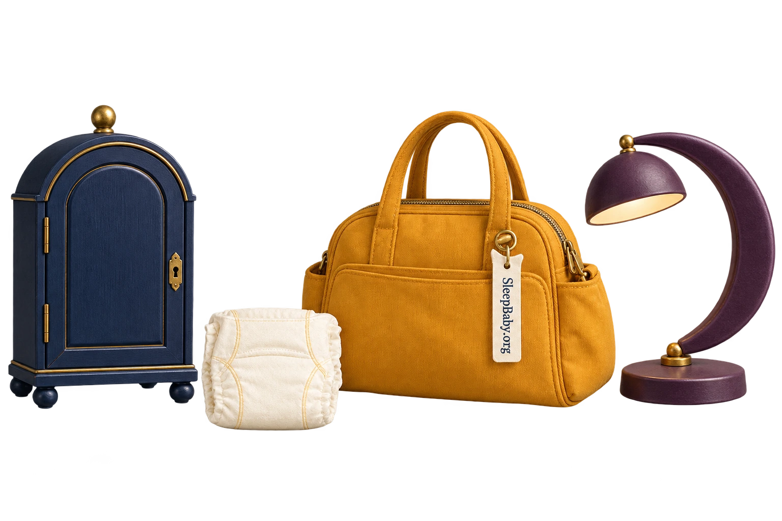 Closed miniature cupboard, folded diaper, zipped bag and crescent lamp.