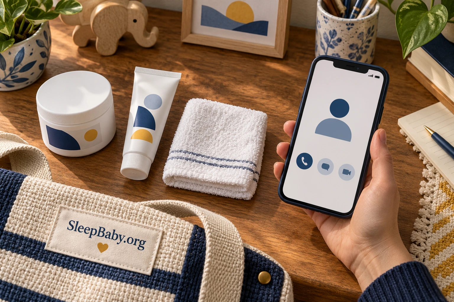 Closed cream jar and tube beside a folded cloth and a phone held by an adult.
