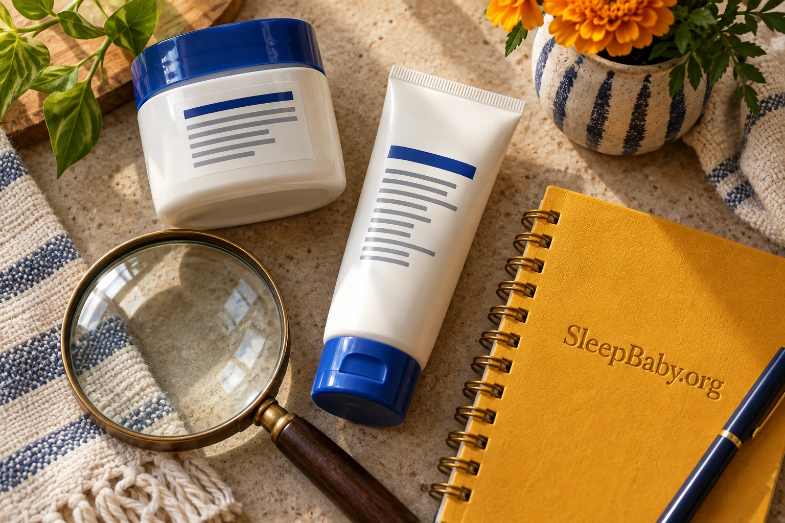 Two closed ointment containers, a magnifying glass and a marigold notebook.