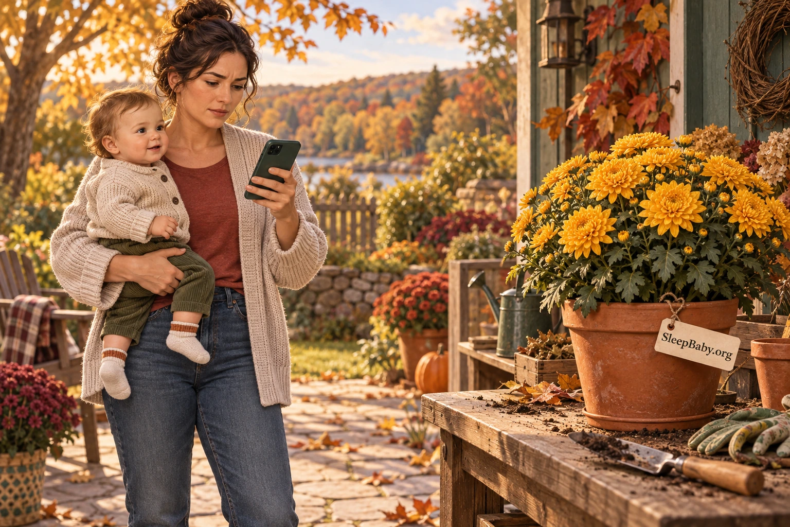 Parent holding a baby away from a potted mum while checking a phone