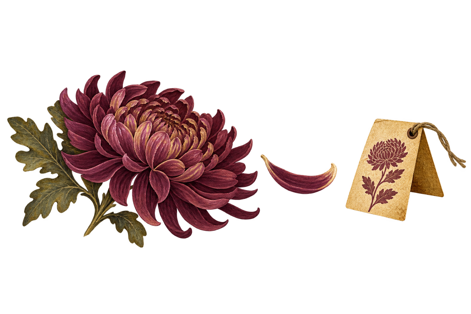 Burgundy chrysanthemum, loose petal and nursery tag