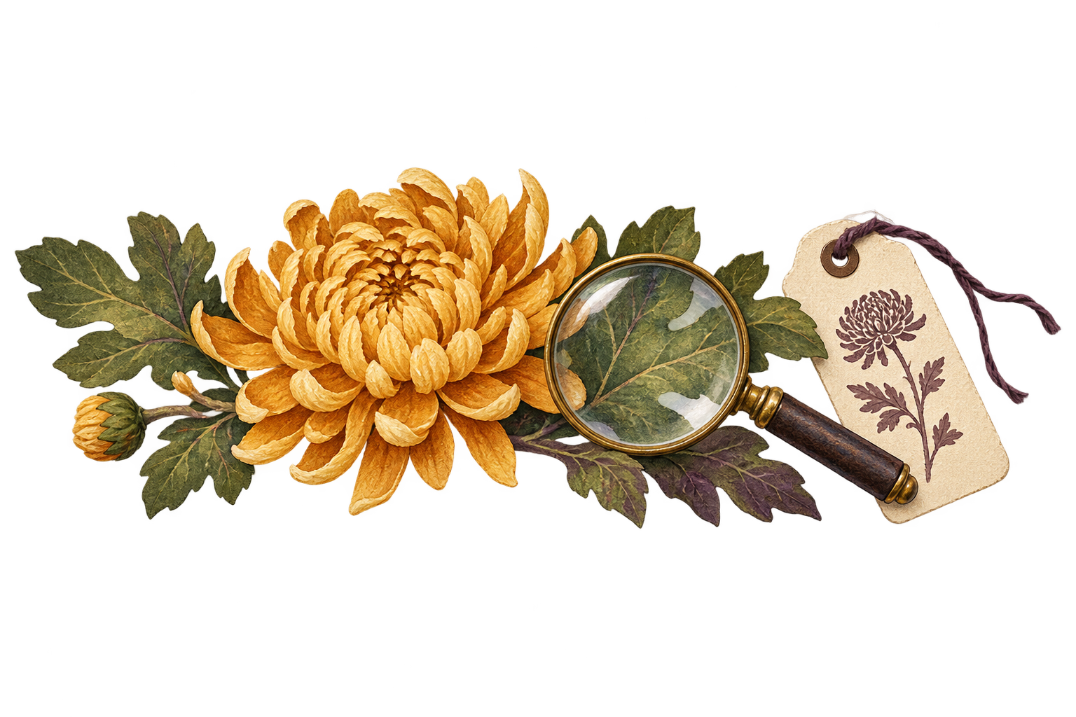 Golden chrysanthemum, magnifying lens and plant tag