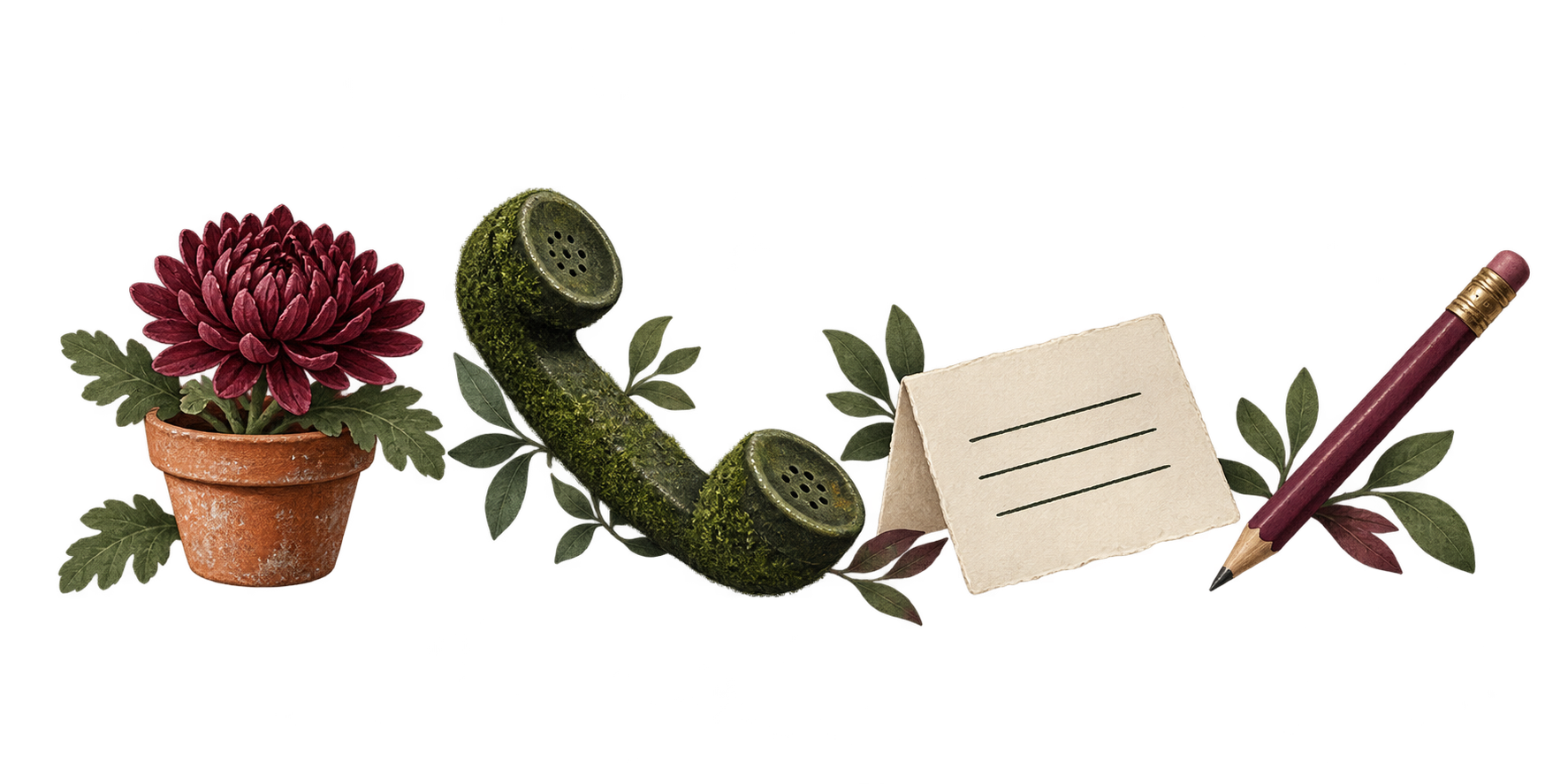 Potted mum, phone receiver, note and pencil