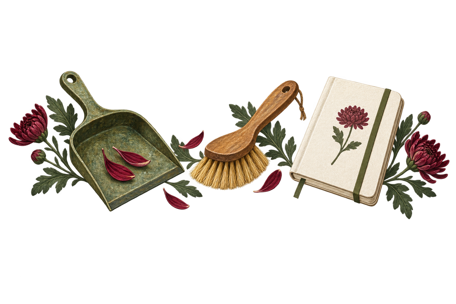 Dustpan with petals, brush and botanical notebook