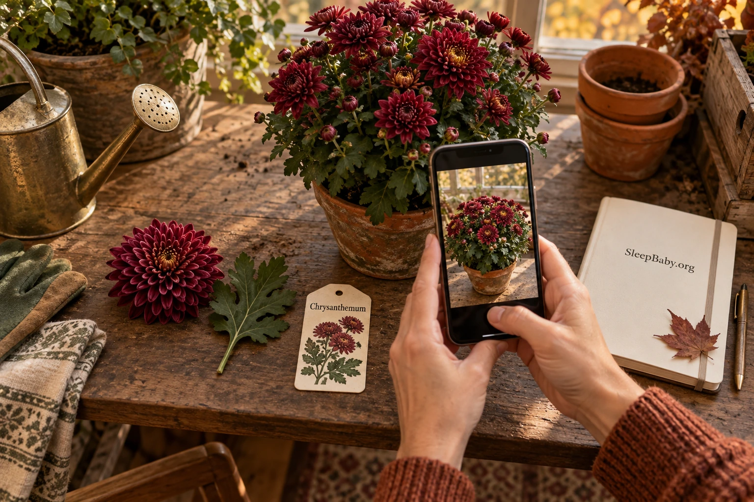 Adult photographing a chrysanthemum beside its nursery tag, bloom and leaf