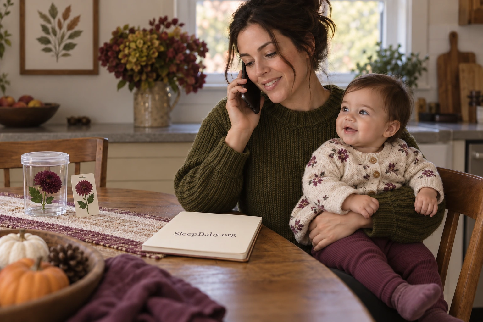 Parent holding a baby while making a call, with a closed plant sample out of reach