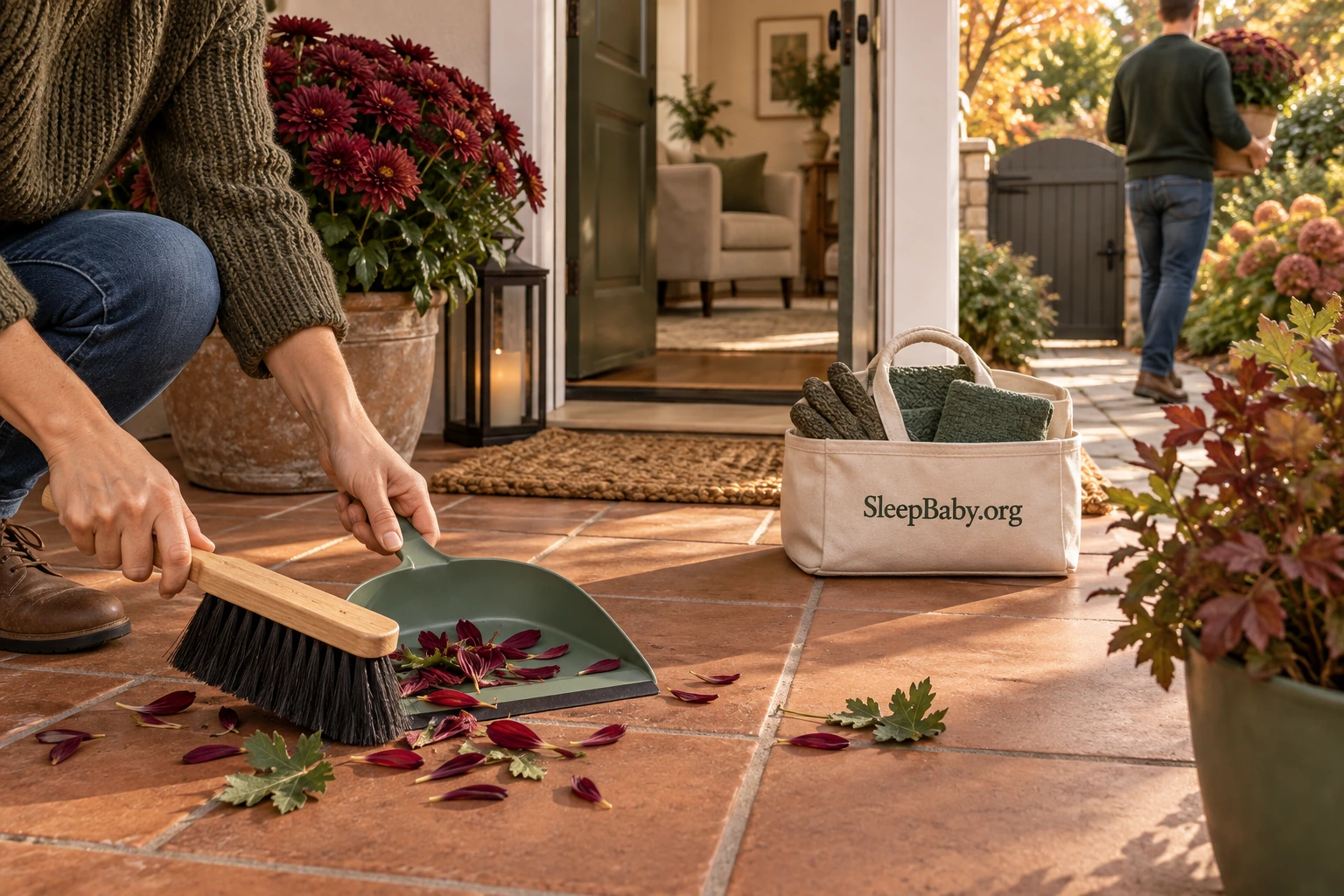 Adults clearing fallen chrysanthemum petals and relocating a potted mum