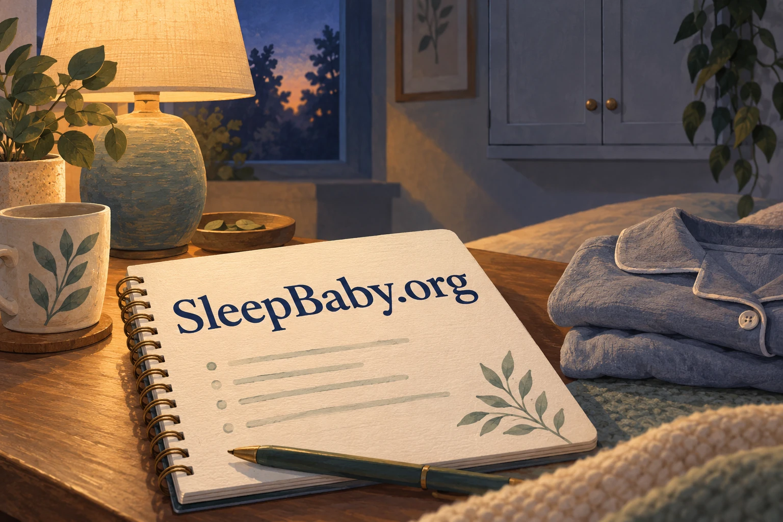 An evening notebook beside a lamp and folded clothes. SleepBaby.org illustration.
