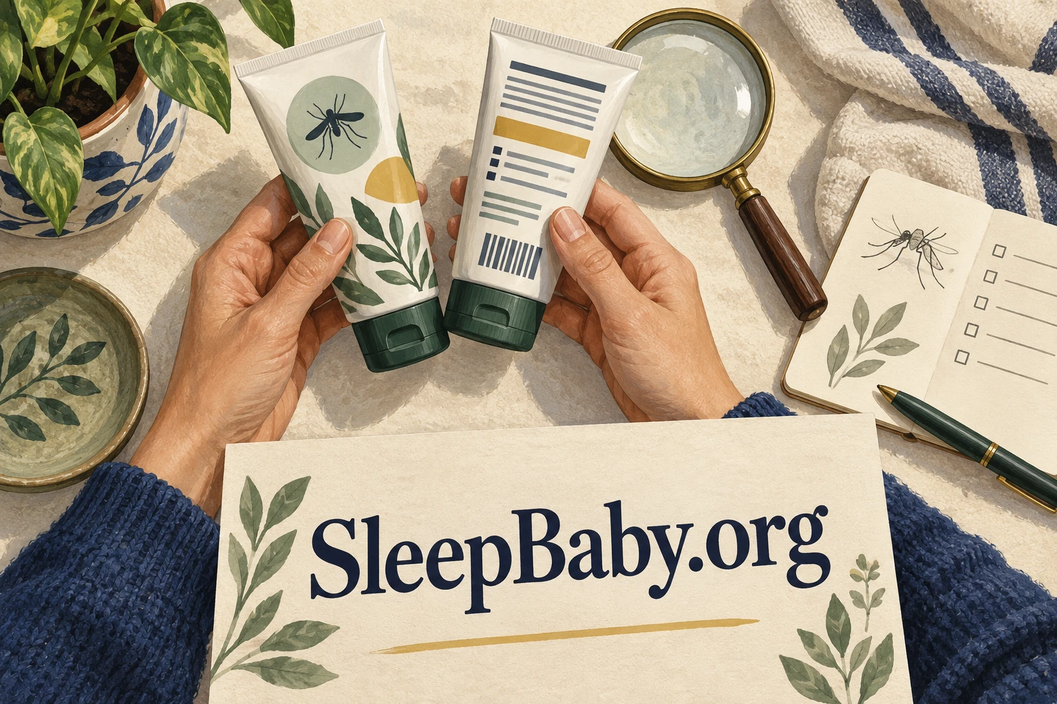 Adult hands holding generic repellent packages beside a magnifier. SleepBaby.org illustration.