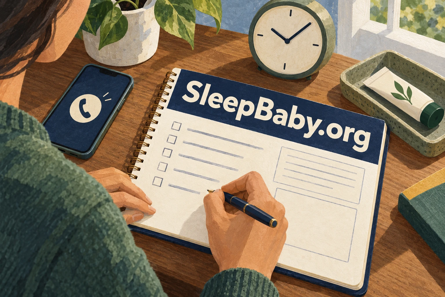 An adult writing a follow-up plan beside a phone. SleepBaby.org illustration.