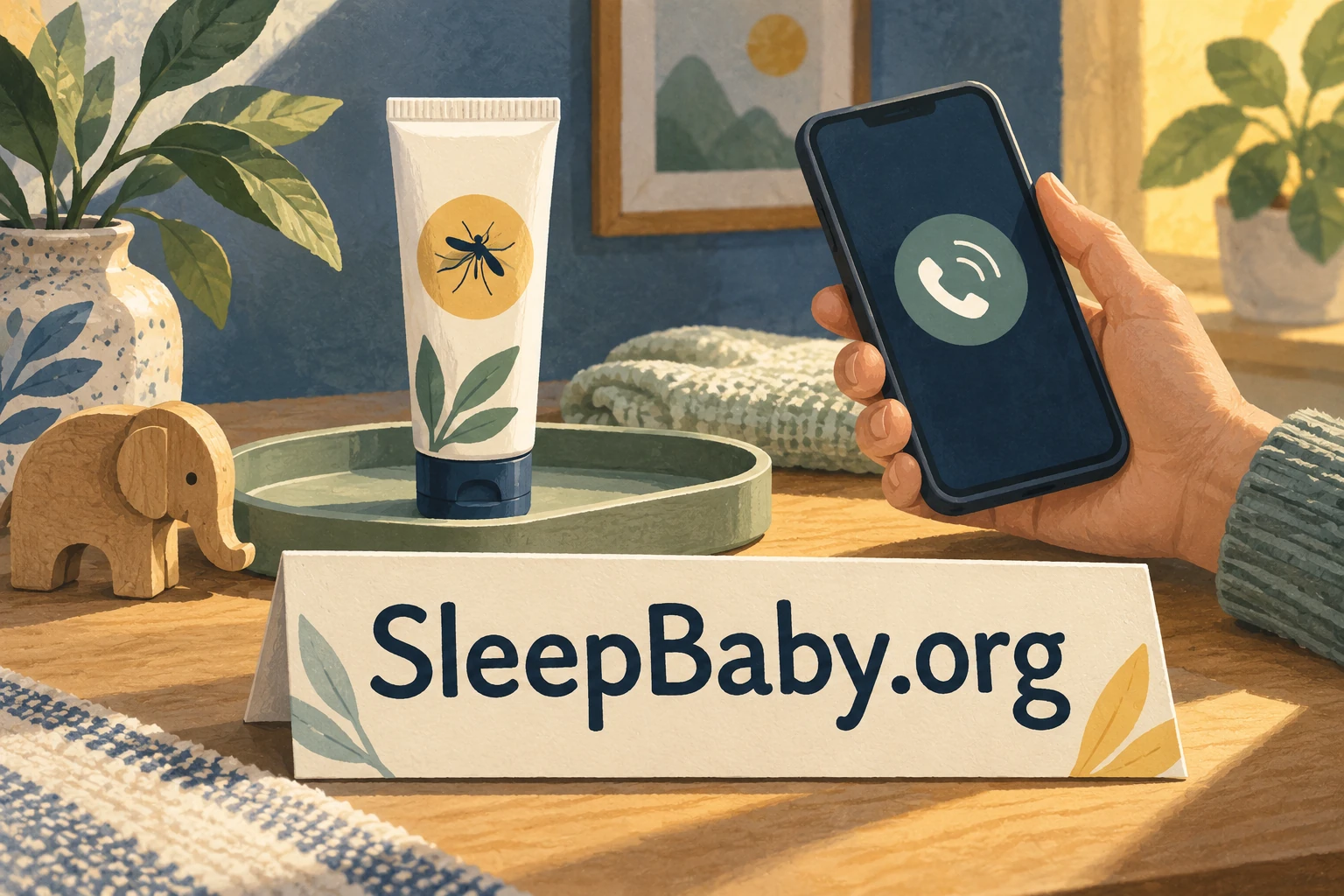 A phone and capped repellent tube beside an information card. SleepBaby.org illustration.