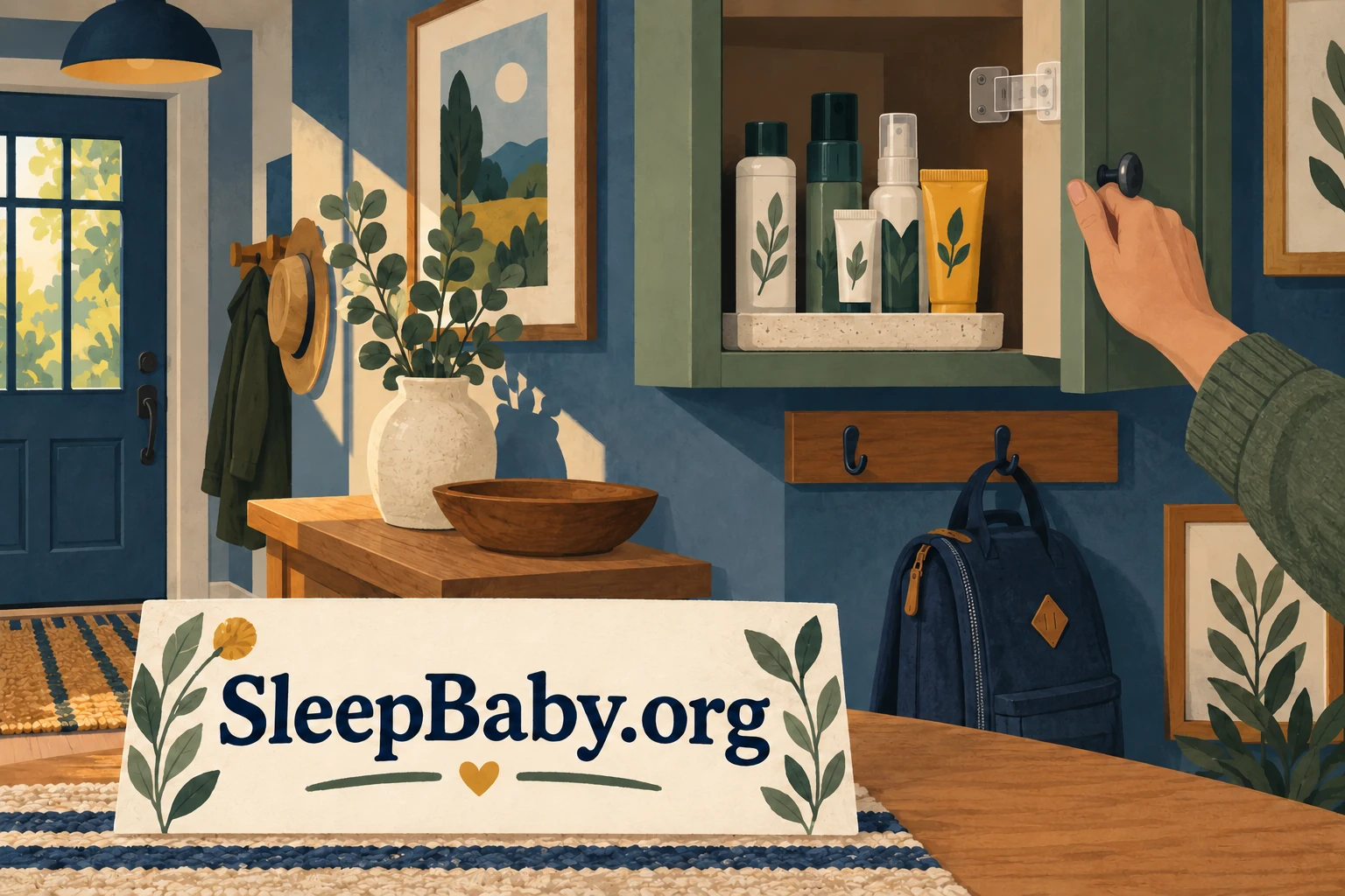 An adult closing a high cupboard holding capped repellent products. SleepBaby.org illustration.