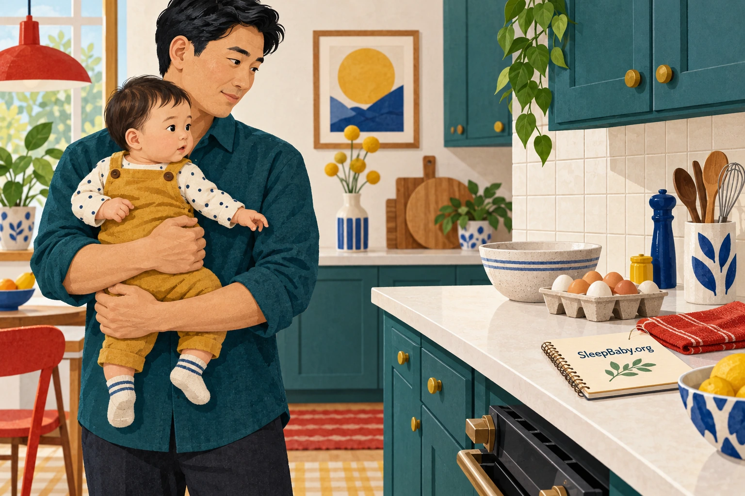 A parent holds an alert baby away from a kitchen counter with eggs and a mixing bowl.