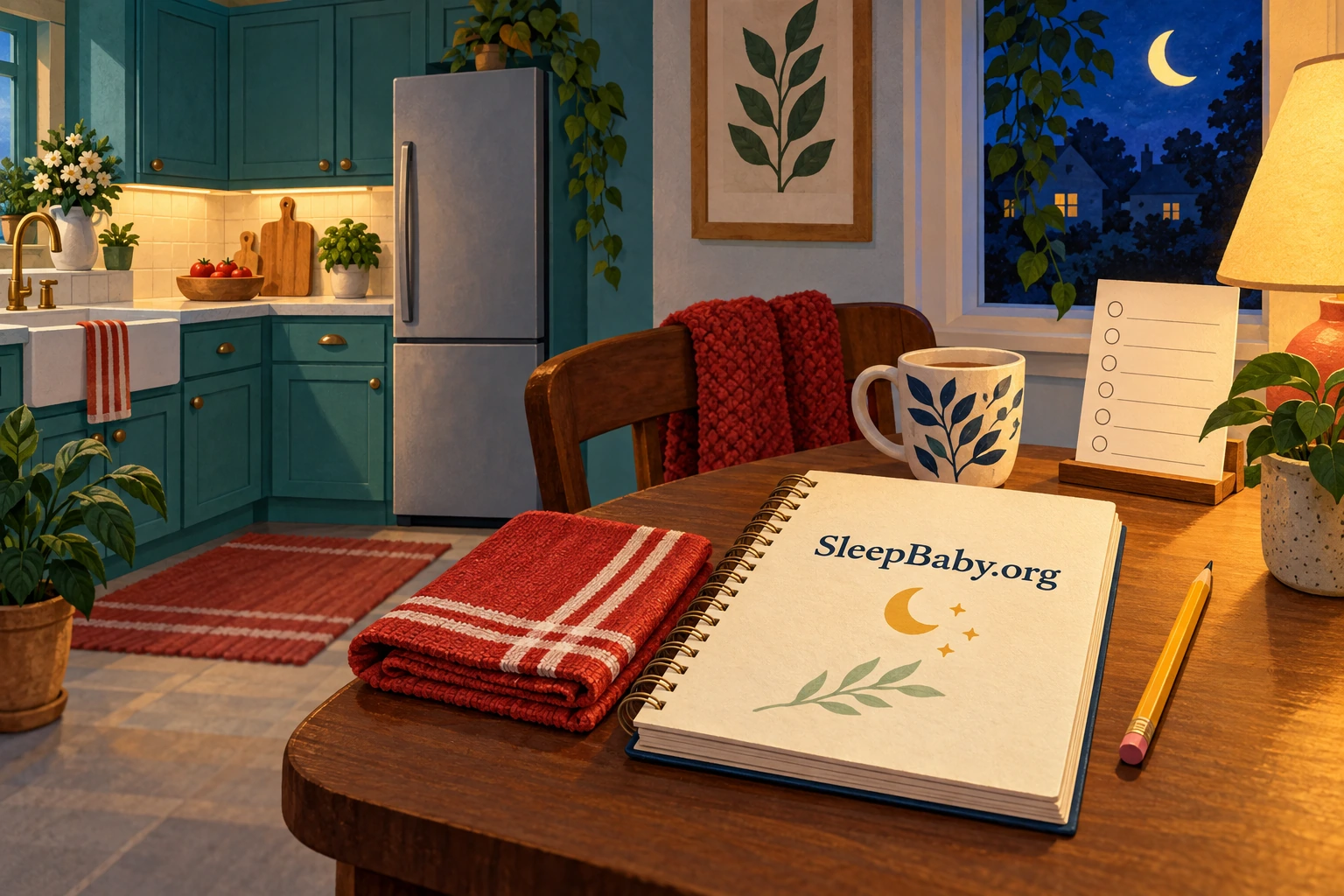 A sleep-planning notebook sits in lamplight beside a tidied kitchen.