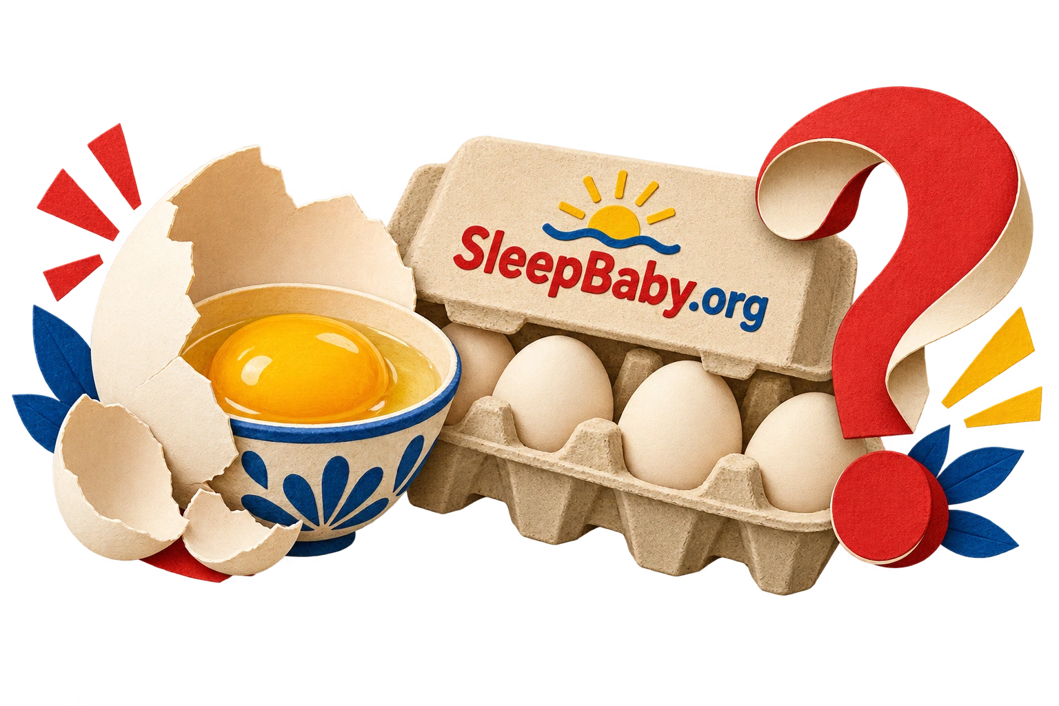 Cut-paper eggshell, bowl, carton and question mark.