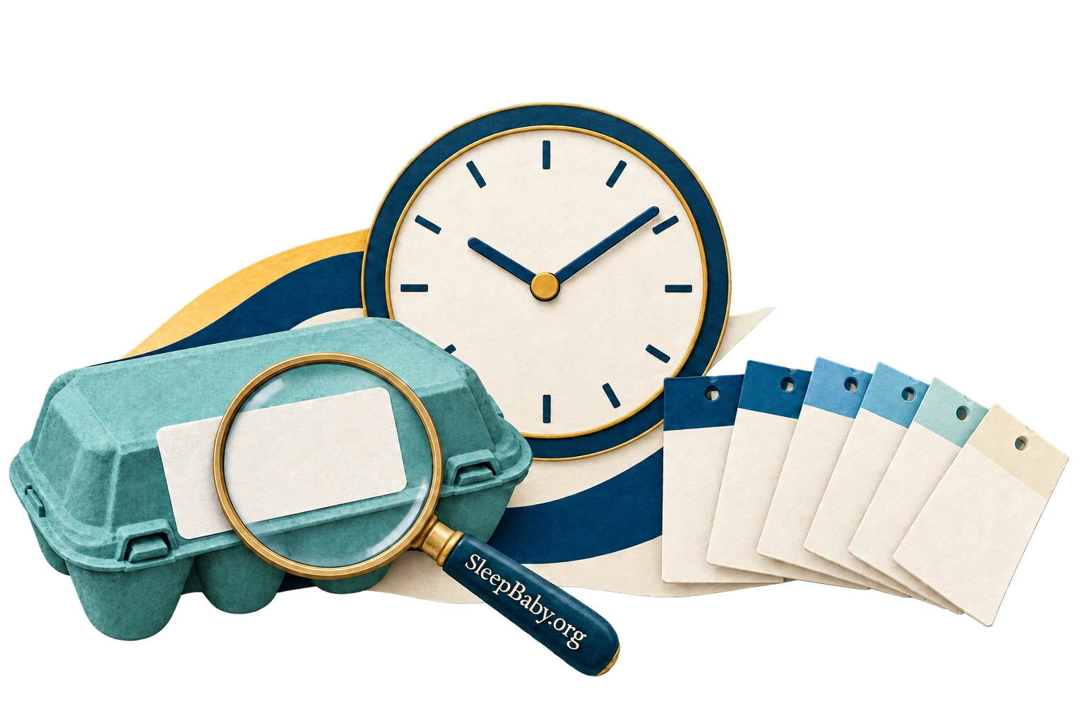 Cut-paper egg carton, label magnifier, clock and blank calendar leaves.