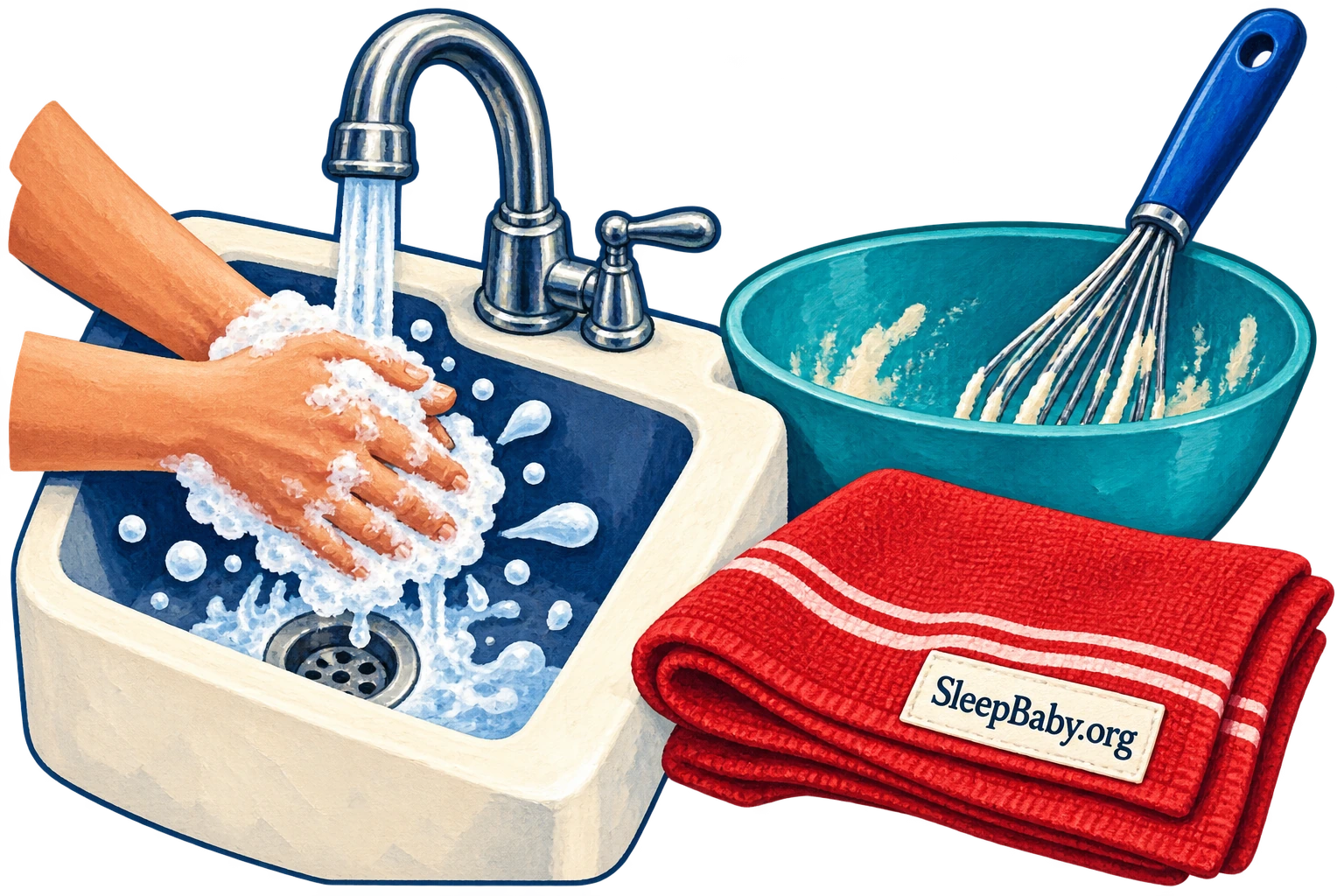 Cut-paper soapy hands at a sink, mixing bowl, whisk and cloth.