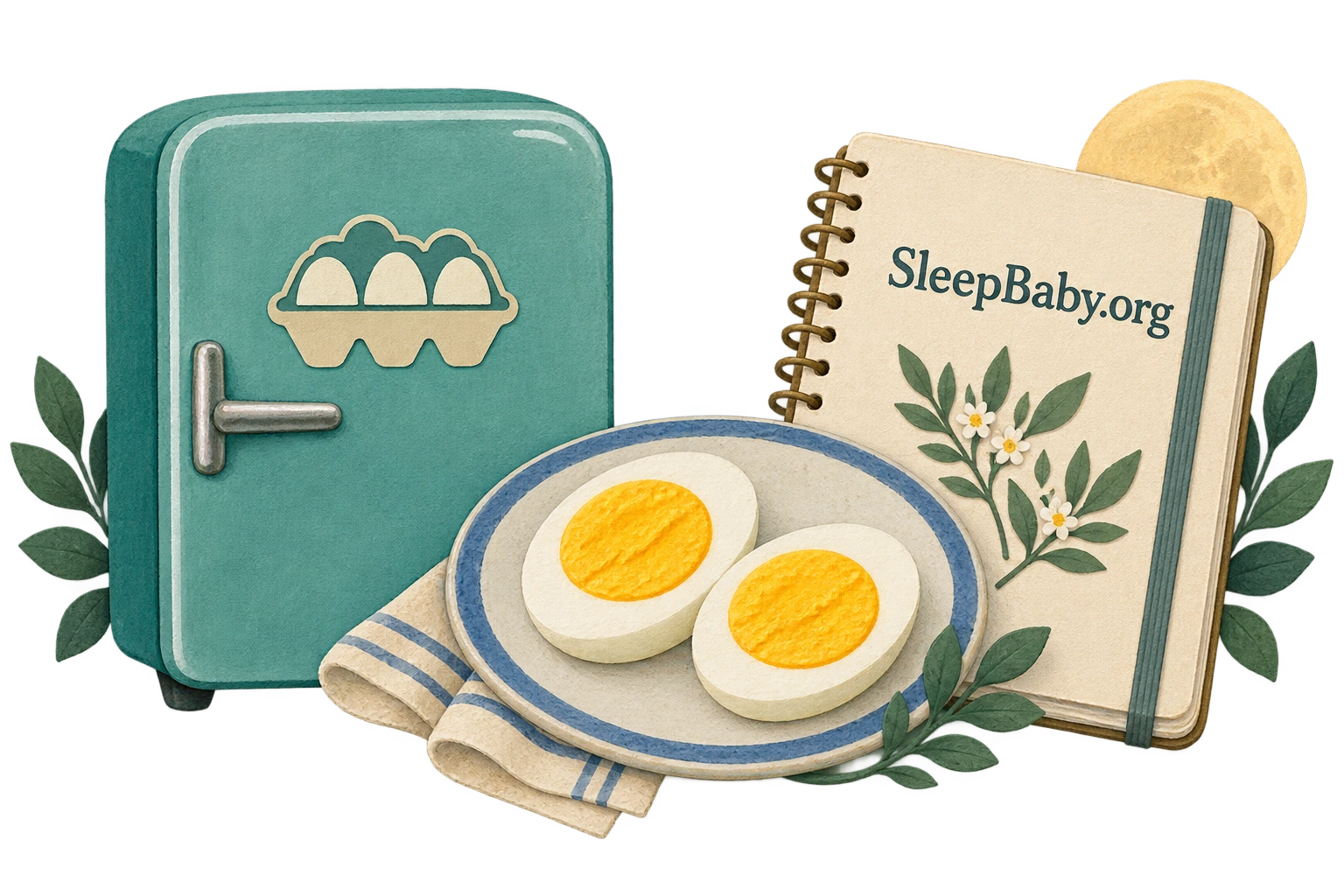 Cut-paper refrigerator, firm cooked egg halves and a notebook.