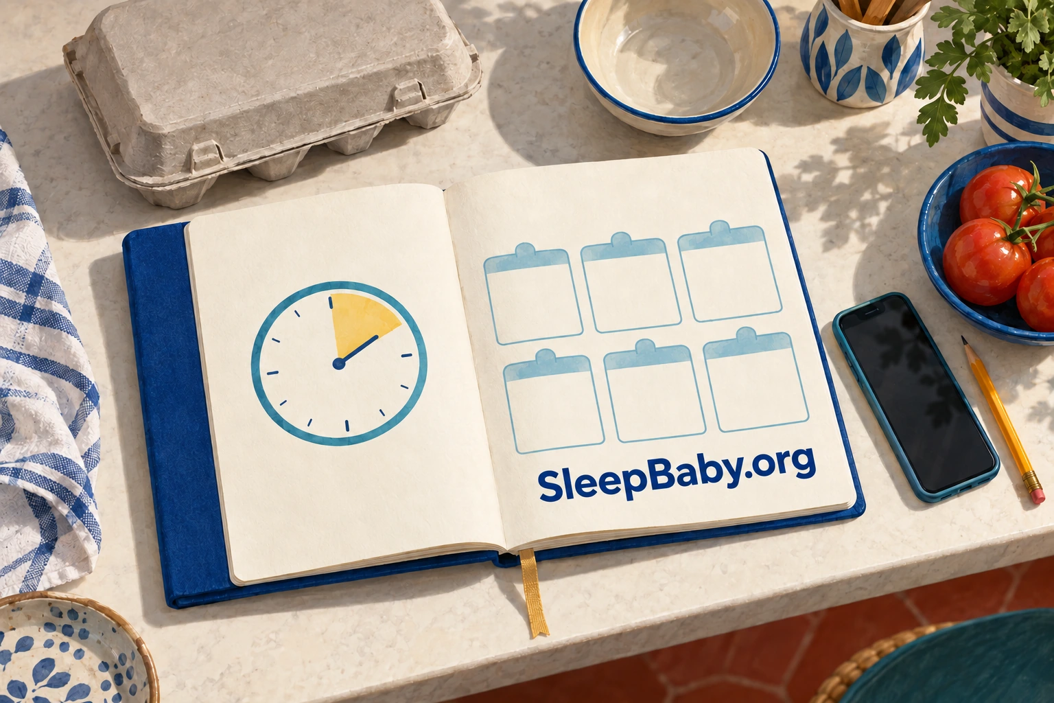 A kitchen notebook shows a clock and six blank calendar spaces beside a closed egg carton.
