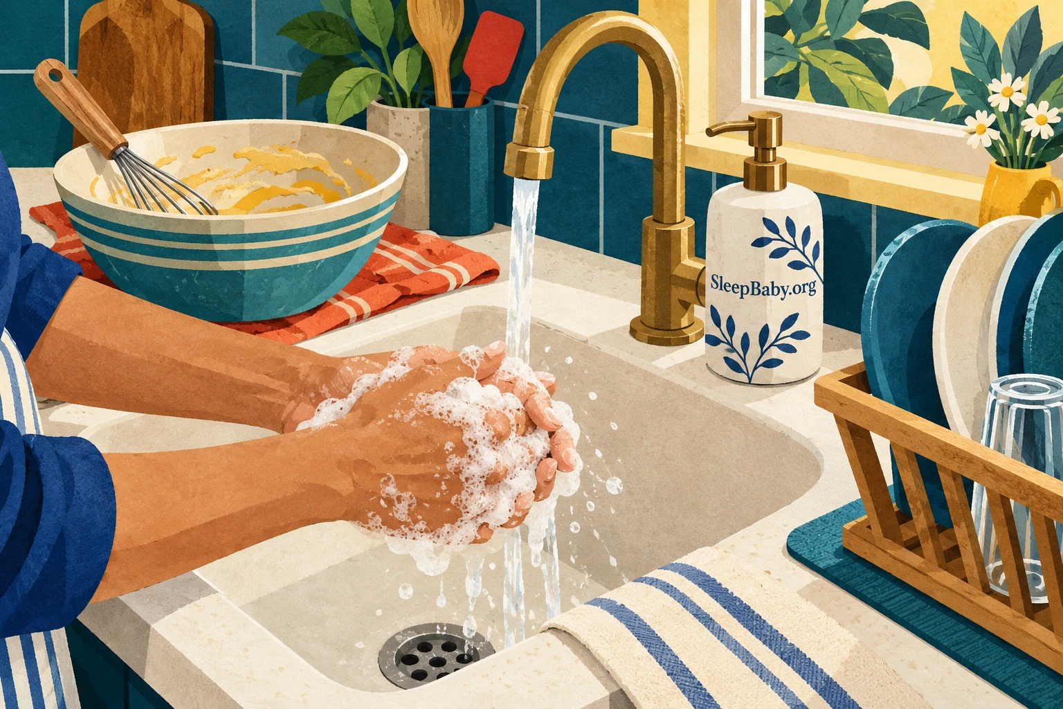 An adult washes soapy hands beside used egg-mixing utensils.
