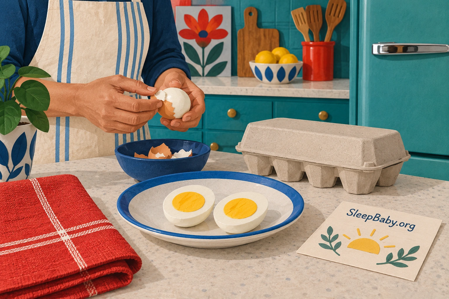 An adult peels a cooked egg beside halves with firm whites and yolks.