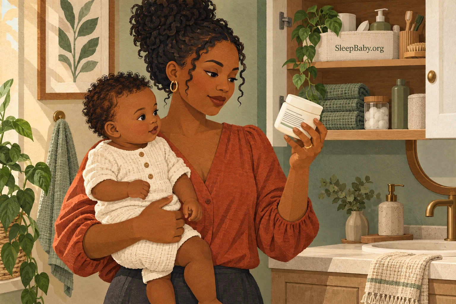 A parent holds an alert baby while reading a closed skincare jar label.