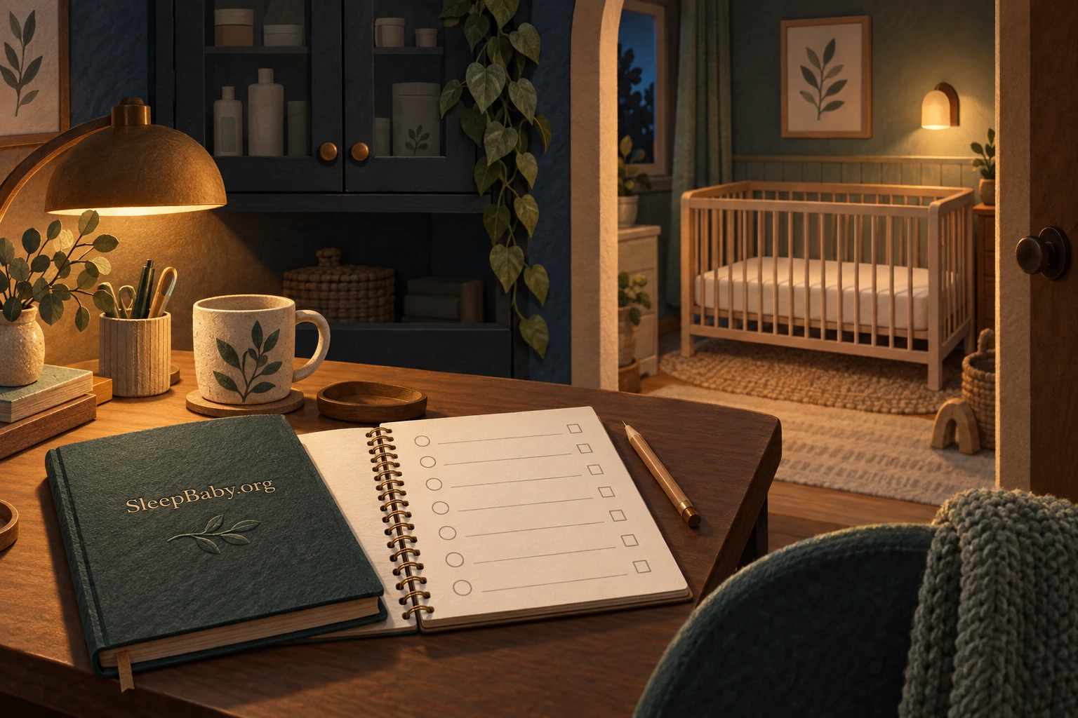 A sleep-planning notebook in lamplight, with skincare stored and an empty bare crib beyond.