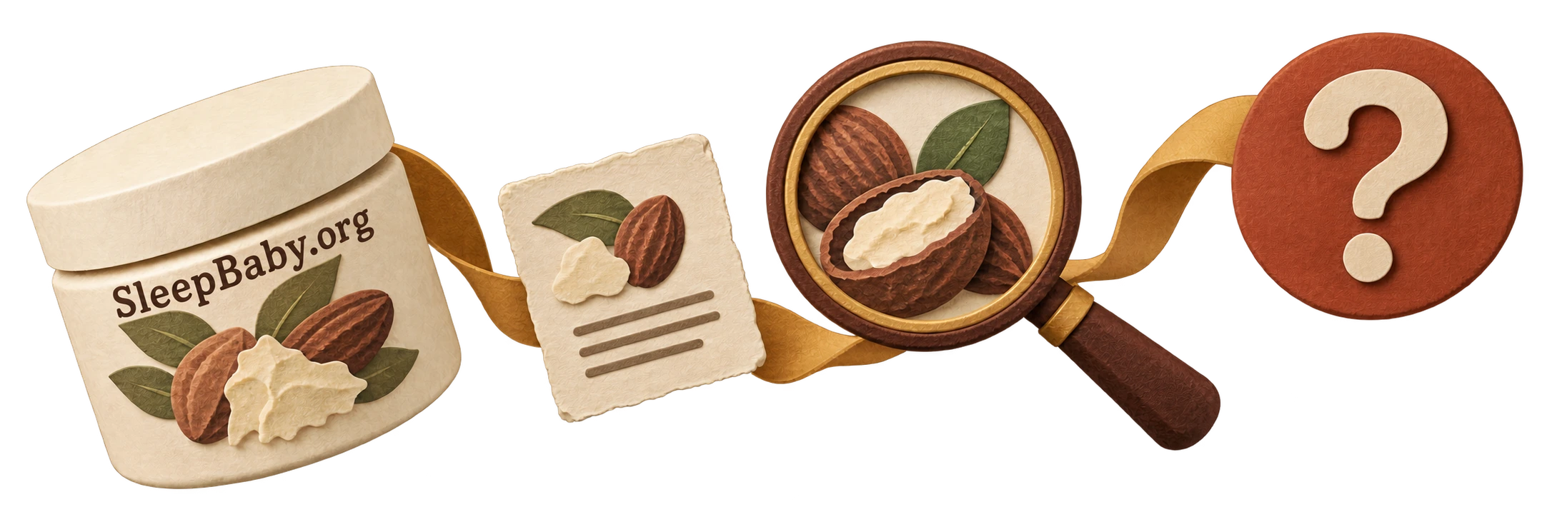 Paper-art shea skincare jar, label, magnifying glass and question mark.
