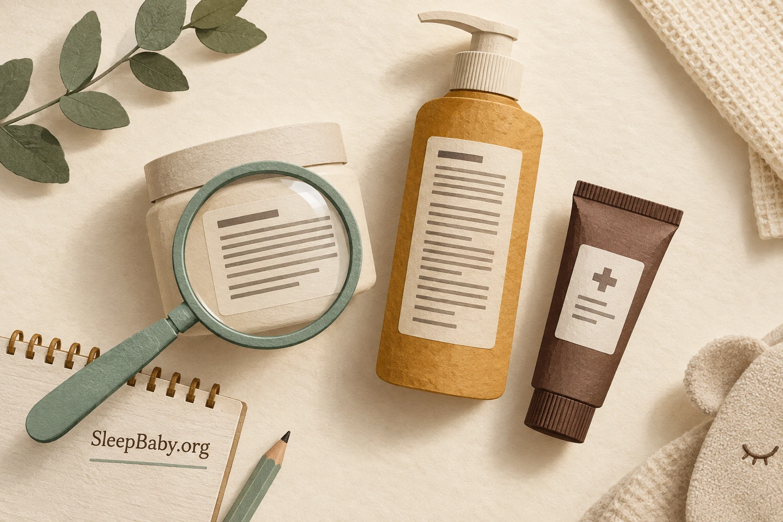 Illustrated jar, lotion bottle and medicated tube beside a magnifying glass.